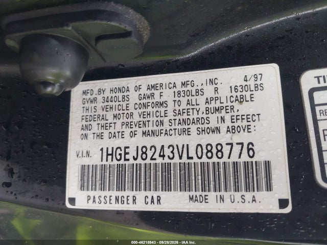 Aukcja sprzedaży 1997 Honda Civic Ex, vin: 1HGEJ8243VL088776, numer aukcji: 46218943