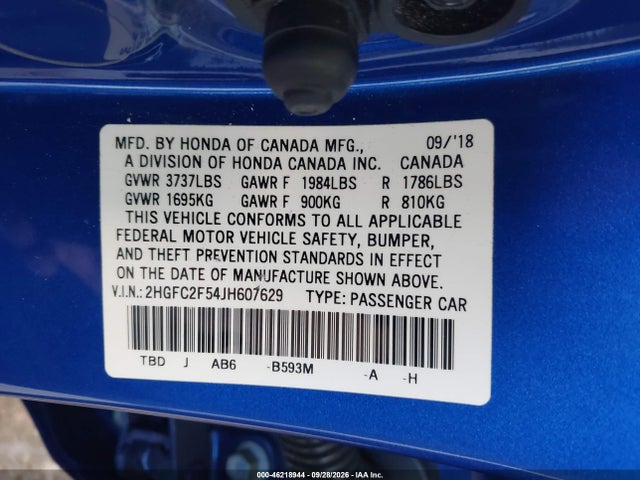 Aukcja sprzedaży 2018 Honda Civic Lx, vin: 2HGFC2F54JH607629, numer aukcji: 46218944