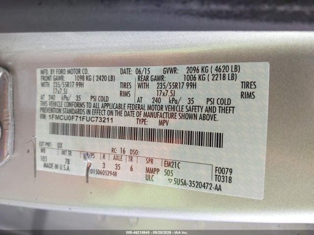 Продаж на аукціоні авто 2015 Ford Escape S, vin: 1FMCU0F71FUC73211, номер лоту: 46218948