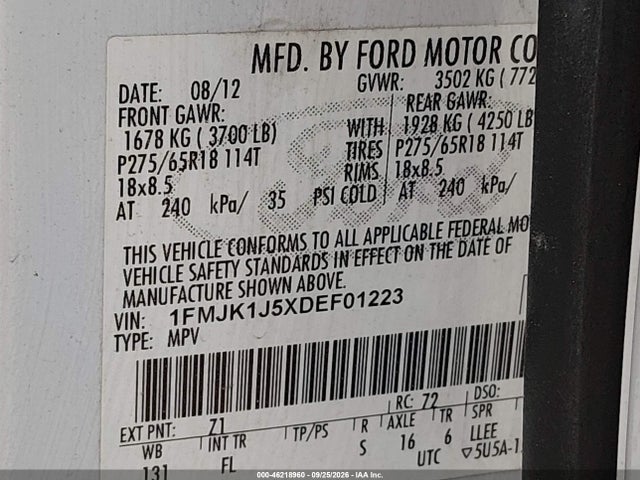 Продаж на аукціоні авто 2013 Ford Expedition El Xlt, vin: 1FMJK1J5XDEF01223, номер лоту: 46218960