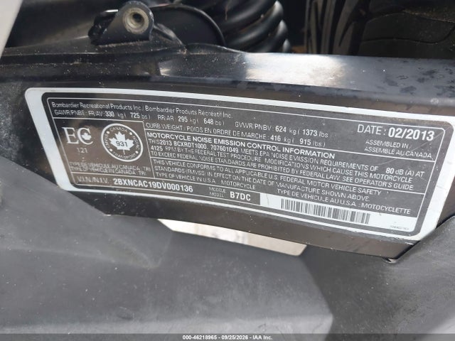 46218965 :رقم المزاد ، 2BXNCAC19DV000136 vin ، 2013 Can-am Spyder Roadster St/sts/st Limited مزاد بيع