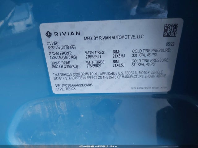Aukcja sprzedaży 2022 Rivian R1t Adventure Package, vin: 7FCTGAAA6NN006105, numer aukcji: 46218996