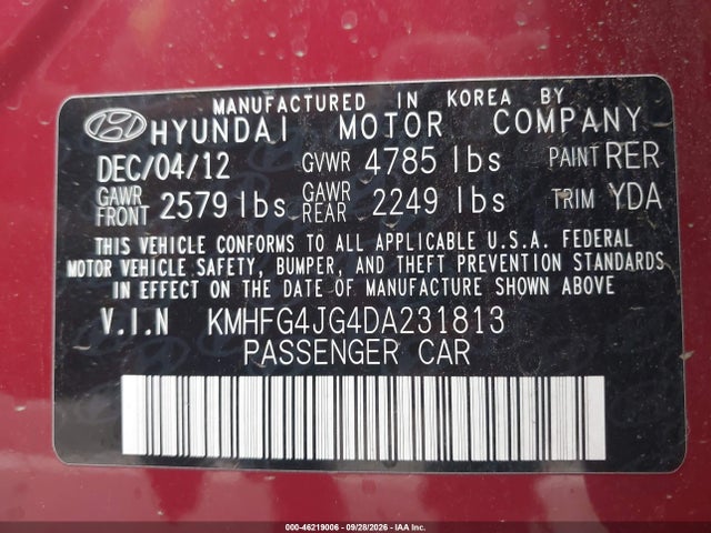 46219006 :رقم المزاد ، KMHFG4JG4DA231813 vin ، 2013 Hyundai Azera مزاد بيع