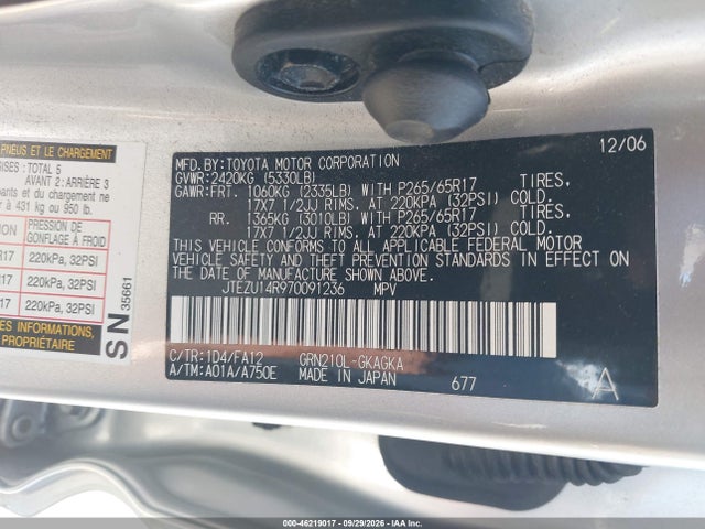 46219017 :رقم المزاد ، JTEZU14R970091236 vin ، 2007 Toyota 4runner Sr5 V6 مزاد بيع