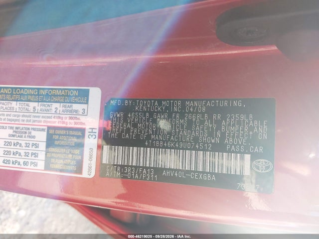 Продажа на аукционе авто 2009 Toyota Camry Hybrid, vin: 4T1BB46K49U074512, номер лота: 46219025