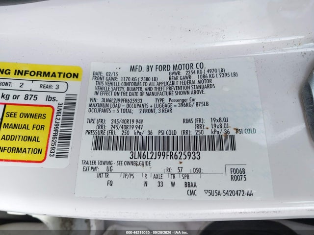 Lincoln MKZ 2015 3LN6L2J99FR625933 Image 9