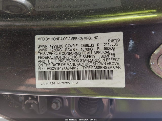 Aukcja sprzedaży 2019 Honda Accord Lx, vin: 1HGCV1F17KA074812, numer aukcji: 46219032