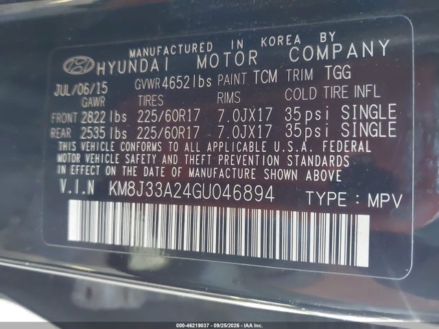 Продаж на аукціоні авто 2016 Hyundai Tucson Eco, vin: KM8J33A24GU046894, номер лоту: 46219037