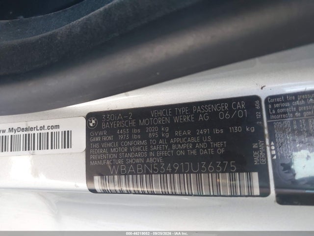 Продаж на аукціоні авто 2001 Bmw 330ci, vin: WBABN53491JU36375, номер лоту: 46219052