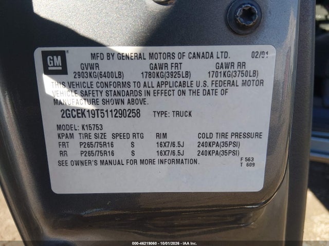 Aukcja sprzedaży 2001 Chevrolet Silverado 1500 Ls, vin: 2GCEK19T511290258, numer aukcji: 46219060