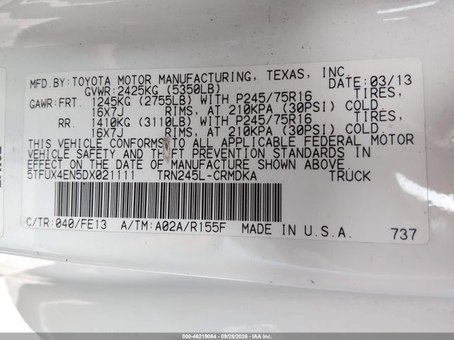 Aukcja sprzedaży 2013 Toyota Tacoma, vin: 5TFUX4EN5DX021111, numer aukcji: 46219064