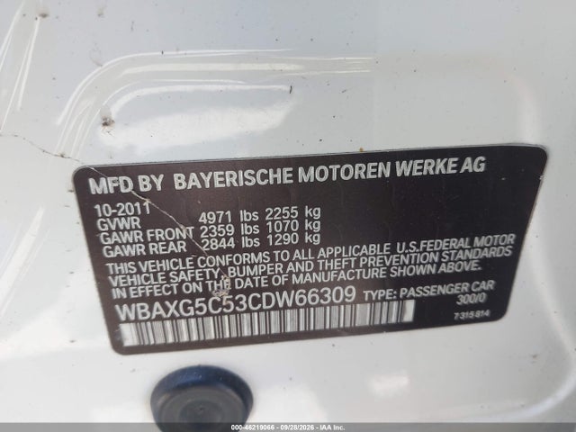2012 Bmw 528i მანქანა იყიდება აუქციონზე, vin: WBAXG5C53CDW66309, აუქციონის ნომერი: 46219066