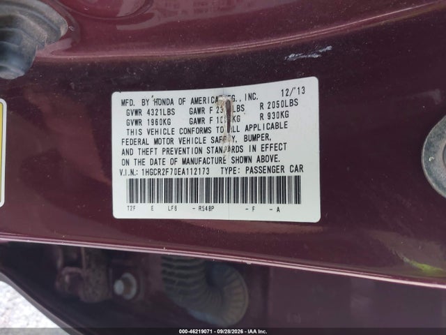 2014 Honda Accord Ex მანქანა იყიდება აუქციონზე, vin: 1HGCR2F70EA112173, აუქციონის ნომერი: 46219071
