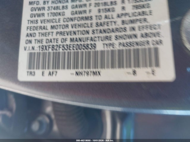 46219080 :رقم المزاد ، 19XFB2F53EE005839 vin ، 2014 Honda Civic Lx مزاد بيع