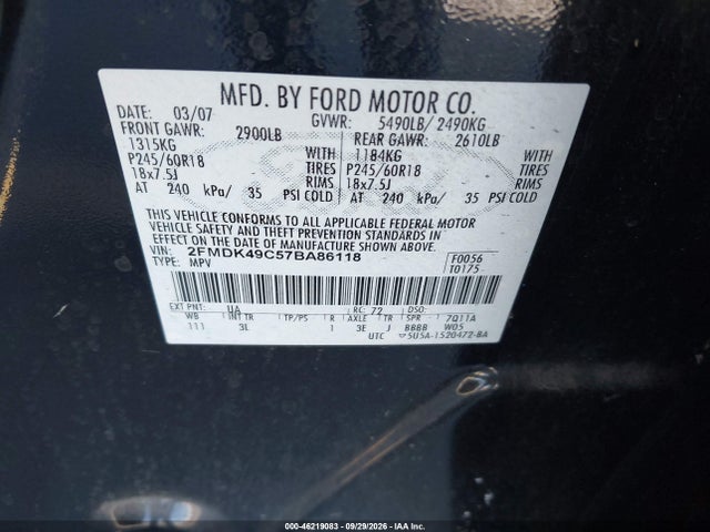 46219083 :رقم المزاد ، 2FMDK49C57BA86118 vin ، 2007 Ford Edge Sel Plus مزاد بيع