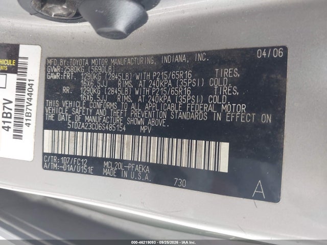 46219093 :رقم المزاد ، 5TDZA23C06S485154 vin ، 2006 Toyota Sienna Le مزاد بيع