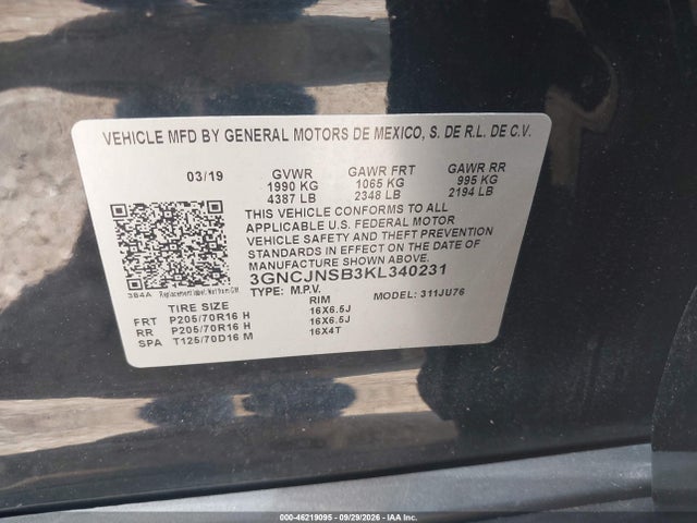 Продаж на аукціоні авто 2019 Chevrolet Trax Ls, vin: 3GNCJNSB3KL340231, номер лоту: 46219095