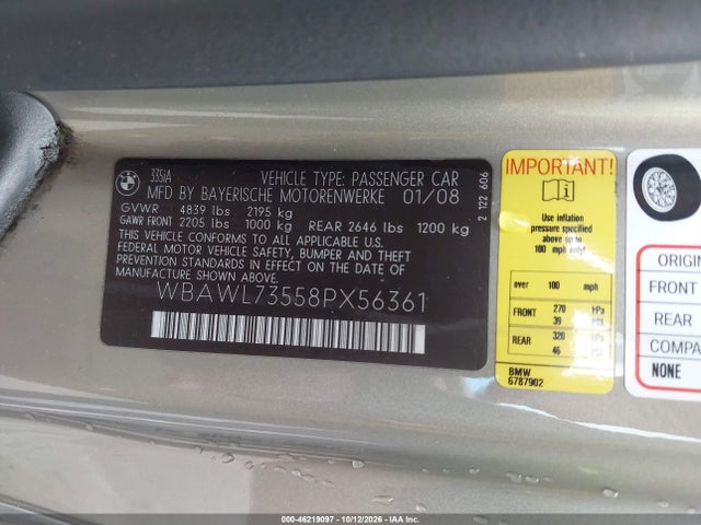 Продаж на аукціоні авто 2008 Bmw 335i, vin: WBAWL73558PX56361, номер лоту: 46219097