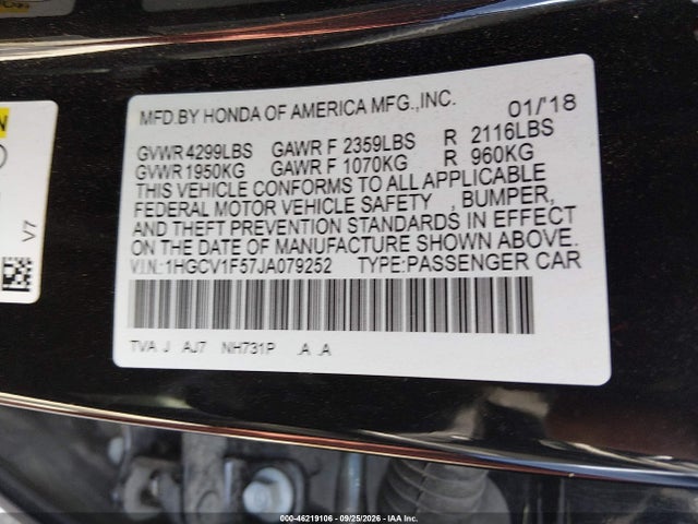 Aukcja sprzedaży 2018 Honda Accord Ex-l, vin: 1HGCV1F57JA079252, numer aukcji: 46219106