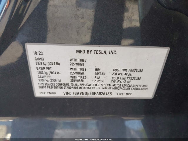 Auction sale of the 2023 Tesla Model Y Awd/long Range Dual Motor All-wheel Drive, vin: 7SAYGDEE6PA026186, lot number: 46219157