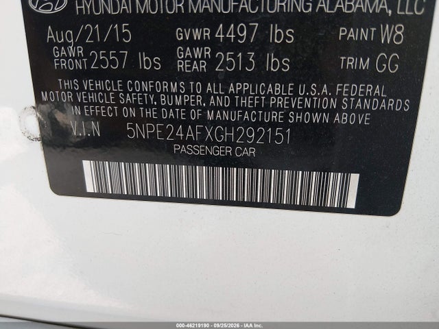 Hyundai SONATA SE 2016 5NPE24AFXGH292151 Image 9