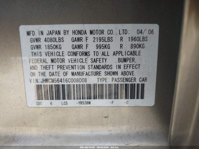 Продажа на аукционе авто 2006 Honda Accord 2.4 Lx, vin: JHMCM56416C008008, номер лота: 46219192