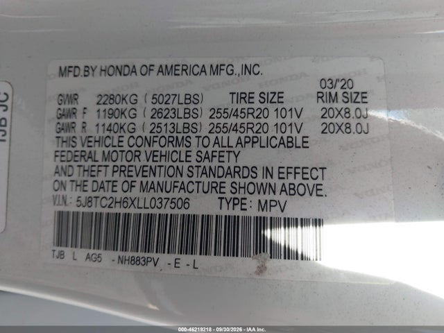 46219218 :رقم المزاد ، 5J8TC2H6XLL037506 vin ، 2020 Acura Rdx A-spec Package مزاد بيع