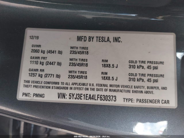 5YJ3E1EA4LF630373 Tesla Model 3 Standard Range Plus Rear-wheel Drive/standard Range Rear-wheel Drive