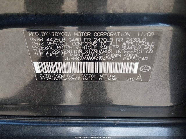 Продажа на аукционе авто 2009 Lexus Is 250, vin: JTHBK262695094052, номер лота: 46219248