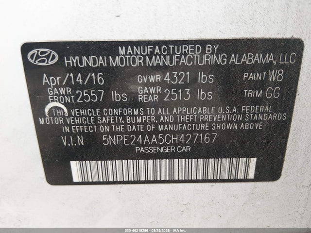46219256 :رقم المزاد ، 5NPE24AA5GH427167 vin ، 2016 Hyundai Sonata Eco مزاد بيع
