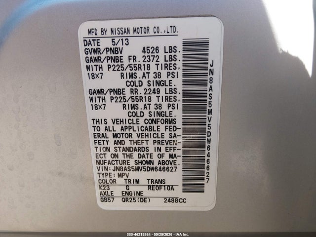 Aukcja sprzedaży 2013 Nissan Rogue Sv W/sl Pkg, vin: JN8AS5MV5DW646627, numer aukcji: 46219264