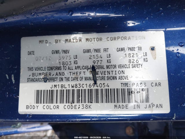 46219308 :رقم المزاد ، JM1BL1W83C1694054 vin ، 2012 Mazda Mazda3 I Grand Touring مزاد بيع
