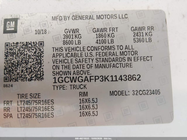 Aukcja sprzedaży 2019 Chevrolet Express 2500 Work Van, vin: 1GCWGAFP3K1143862, numer aukcji: 46219333