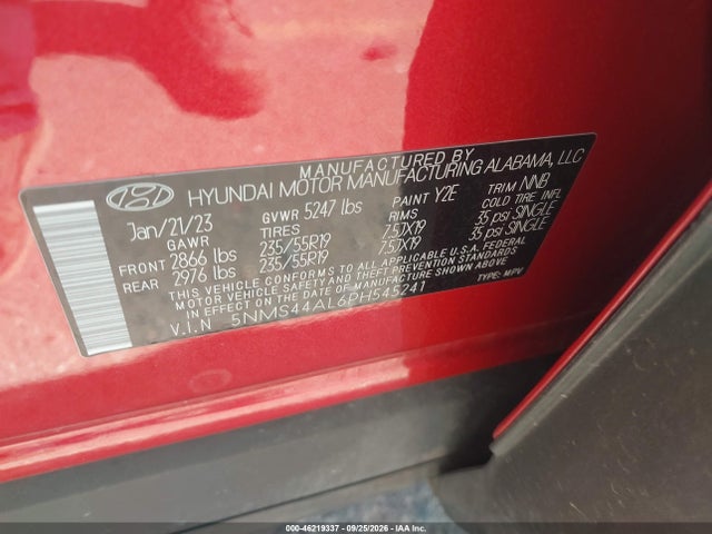 2023 Hyundai Santa Fe Limited მანქანა იყიდება აუქციონზე, vin: 5NMS44AL6PH545241, აუქციონის ნომერი: 46219337