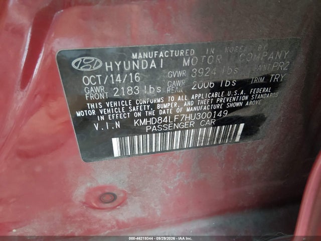 Продаж на аукціоні авто 2017 Hyundai Elantra Limited, vin: KMHD84LF7HU300149, номер лоту: 46219344