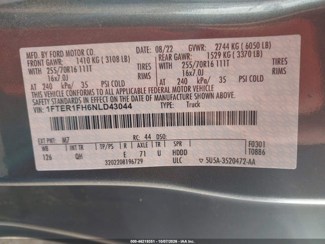 Aukcja sprzedaży 2022 Ford Ranger Xl, vin: 1FTER1FH6NLD43044, numer aukcji: 46219351