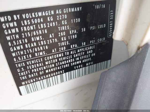 46219353 :رقم المزاد ، WVGBV7AX5HK009092 vin ، 2017 Volkswagen Tiguan 2.0t/2.0t S مزاد بيع