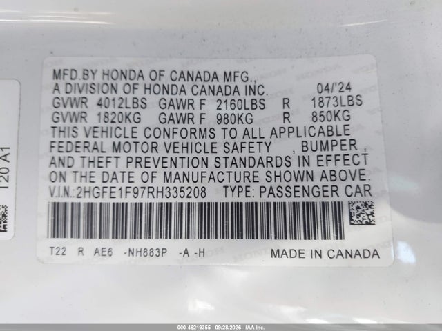 Honda Civic Touring 2024 2HGFE1F97RH335208 Image 9