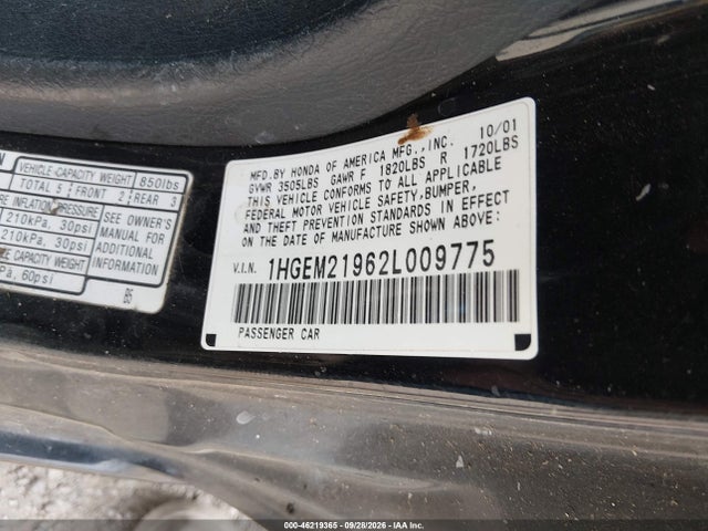 46219365 :رقم المزاد ، 1HGEM21962L009775 vin ، 2002 Honda Civic Ex مزاد بيع