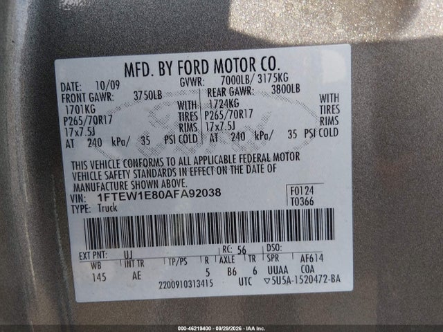 Продаж на аукціоні авто 2010 Ford F-150 Xl/xlt, vin: 1FTEW1E80AFA92038, номер лоту: 46219400