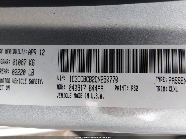 Продаж на аукціоні авто 2012 Chrysler 200 Limited, vin: 1C3CCBCB2CN250770, номер лоту: 46219405