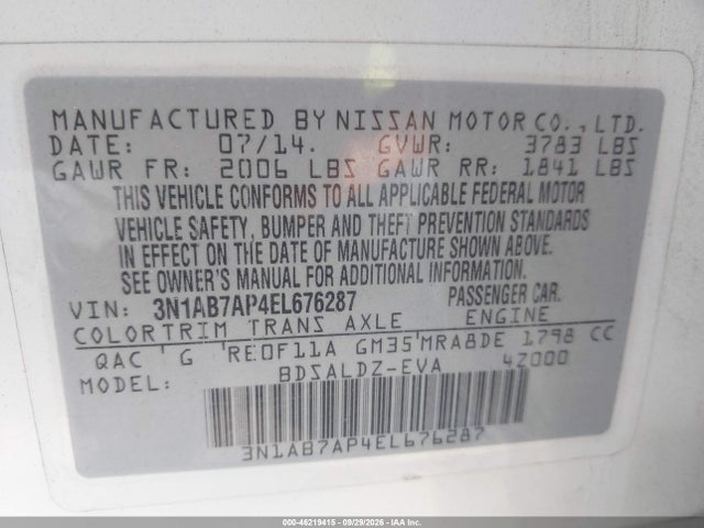 46219415 :رقم المزاد ، 3N1AB7AP4EL676287 vin ، 2014 Nissan Sentra Sv مزاد بيع
