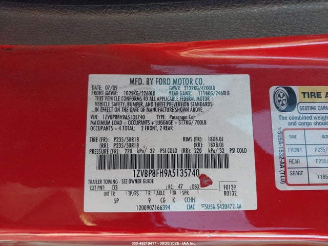 Продажа на аукционе авто 2010 Ford Mustang Gt/gt Premium, vin: 1ZVBP8FH9A5135740, номер лота: 46219417