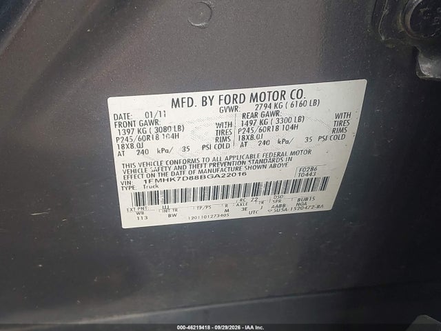 2011 Ford Explorer Xlt მანქანა იყიდება აუქციონზე, vin: 1FMHK7D88BGA22016, აუქციონის ნომერი: 46219418