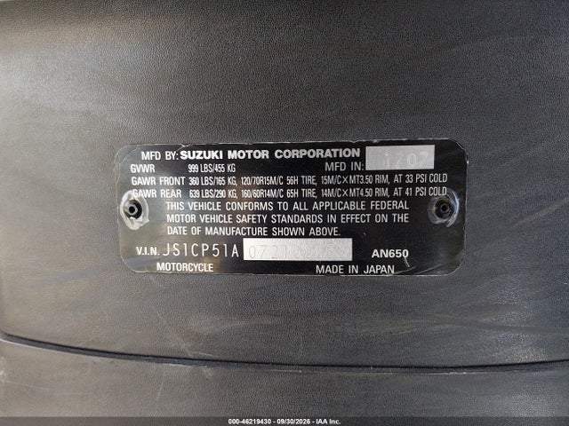 2007 Suzuki An650 მანქანა იყიდება აუქციონზე, vin: JS1CP51A072100833, აუქციონის ნომერი: 46219430