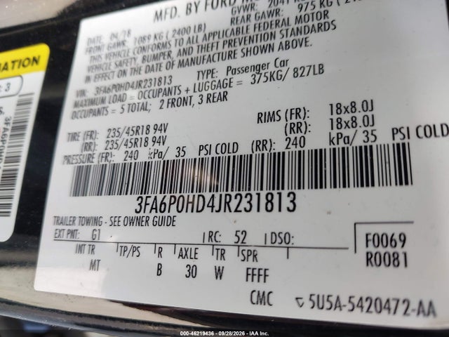 Aukcja sprzedaży 2018 Ford Fusion Se, vin: 3FA6P0HD4JR231813, numer aukcji: 46219436