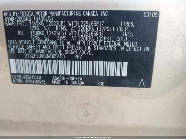 Продаж на аукціоні авто 2009 Toyota Rav4, vin: 2T3ZF33V09W005450, номер лоту: 46219439