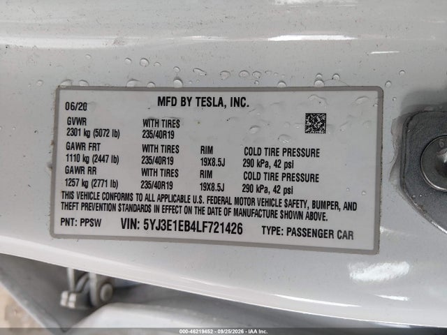 5YJ3E1EB4LF721426 Tesla Model 3 Long Range Dual Motor All-wheel Drive