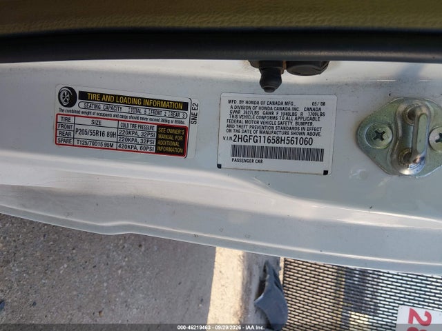 Продаж на аукціоні авто 2008 Honda Civic Lx, vin: 2HGFG11658H561060, номер лоту: 46219463