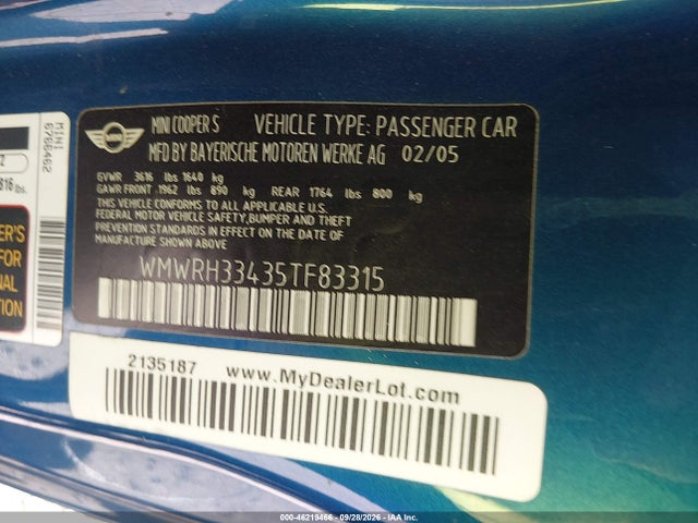 46219466 :رقم المزاد ، WMWRH33435TF83315 vin ، 2005 Mini Cooper S مزاد بيع